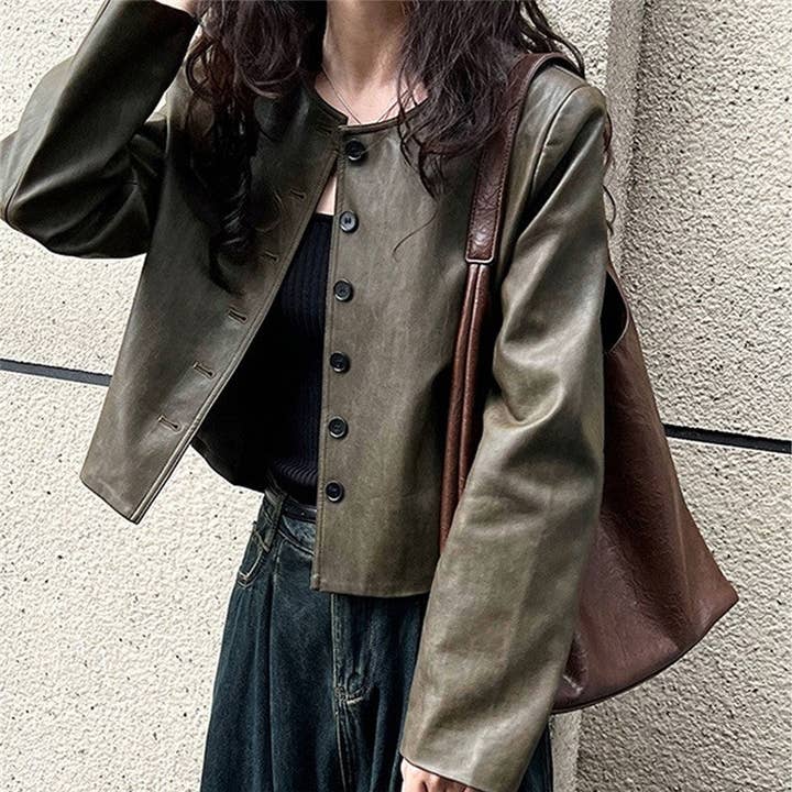 Retro Crewneck Long Sleeve Single Breasted Short PU Leather Jackets for wholesale by ShieldChic