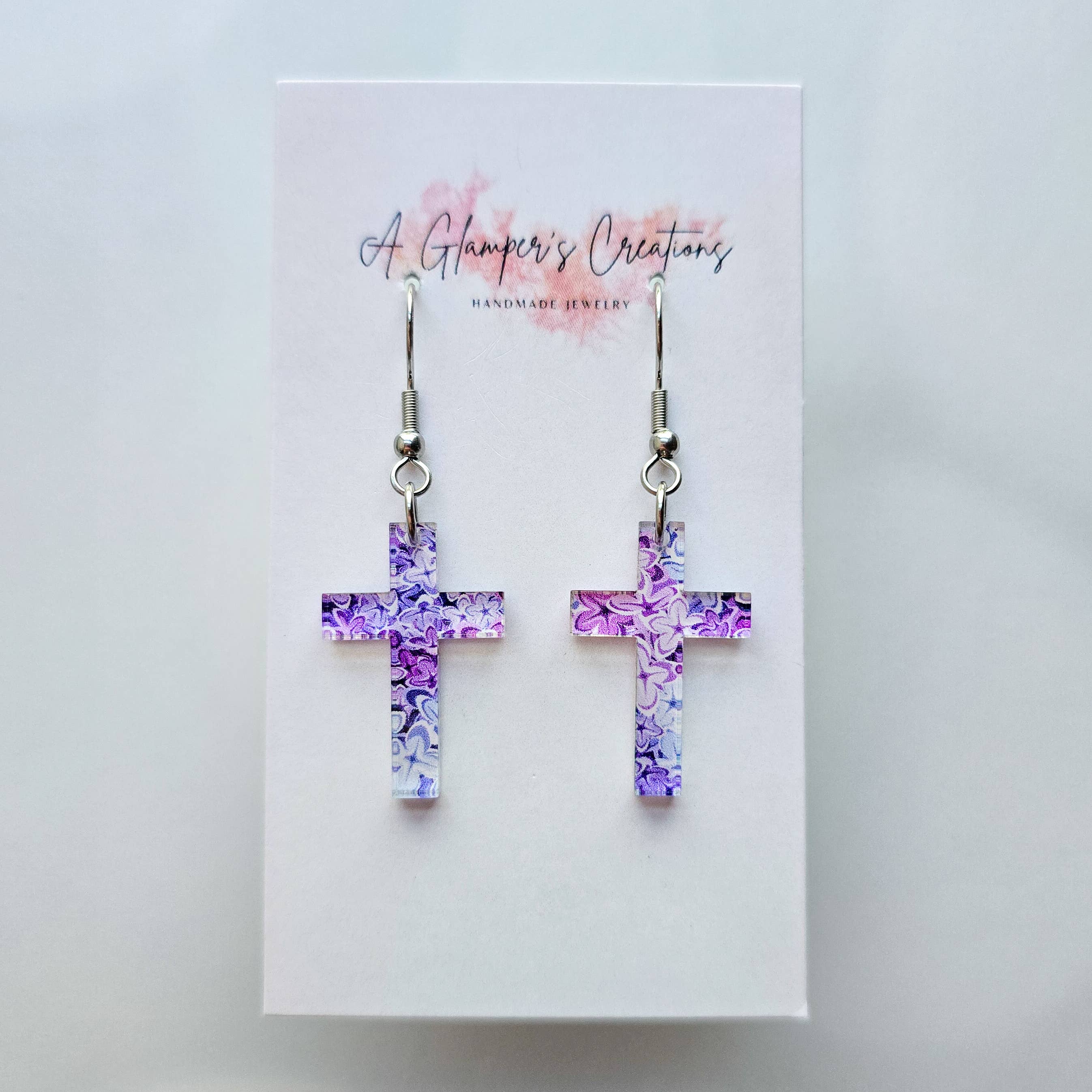 A Glamper's Creations LLC - Wholesale Dangle Earrings - Lilac Floral Acrylic Cross Earrings1