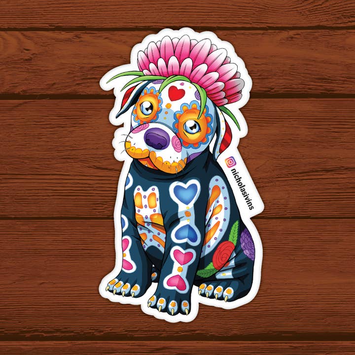 Day of the Dead Dog Pitbull Puppy Sticker - "Tito" for wholesale by Nicholas Ivins Art & Illustration