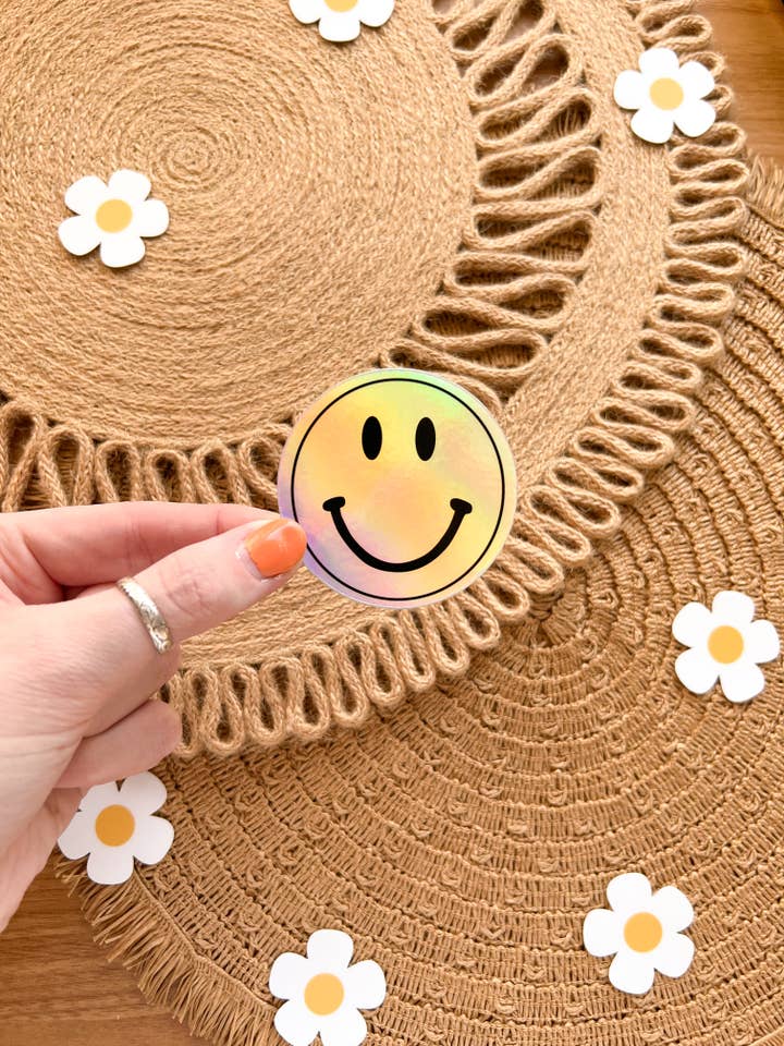 Adesivo olografico impermeabile retrò con faccina sorridente per la vendita all'ingrosso da parte di Koll Designs