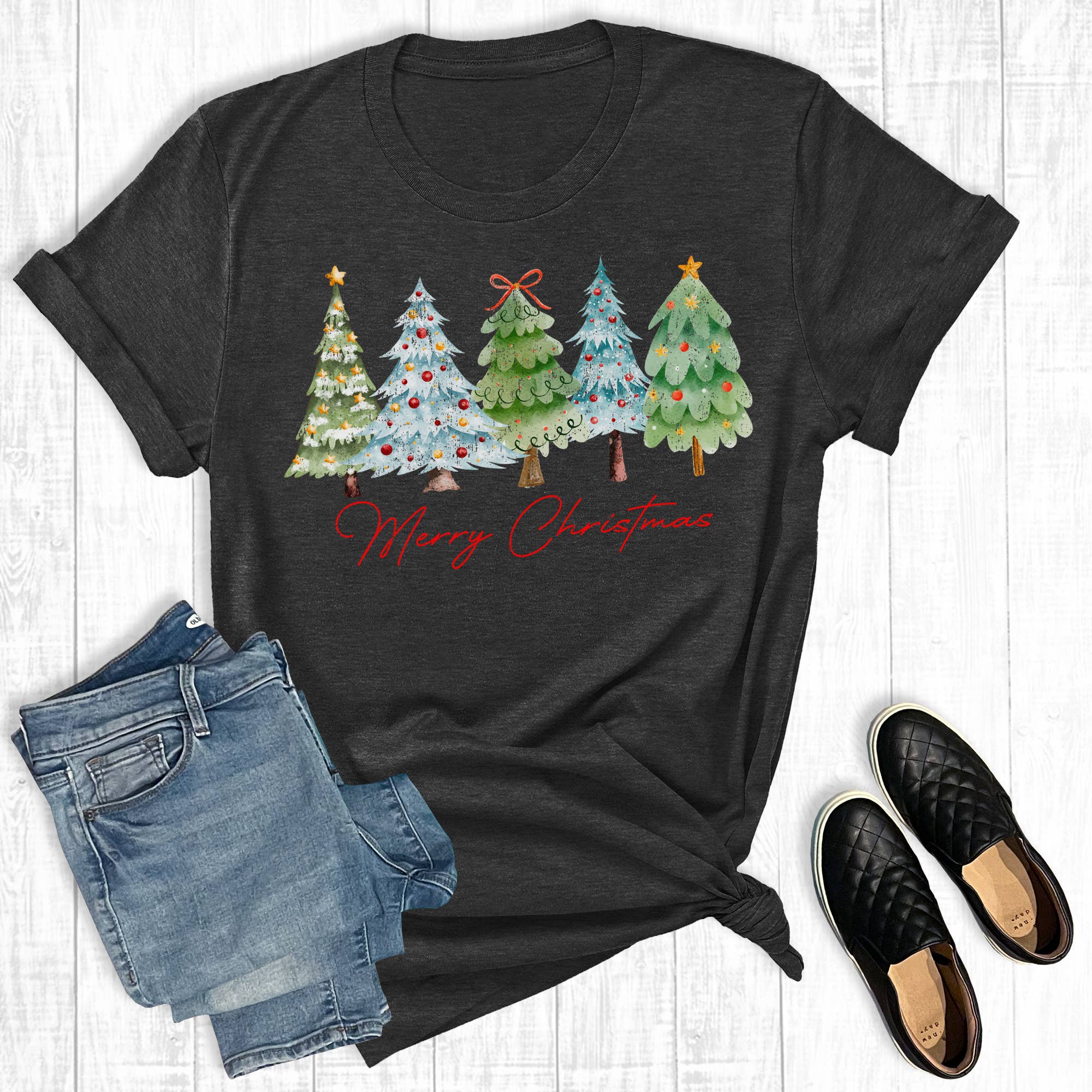 Charcoal Retro Merry Christmas Trees Graphic Tee for wholesale on Faire0
