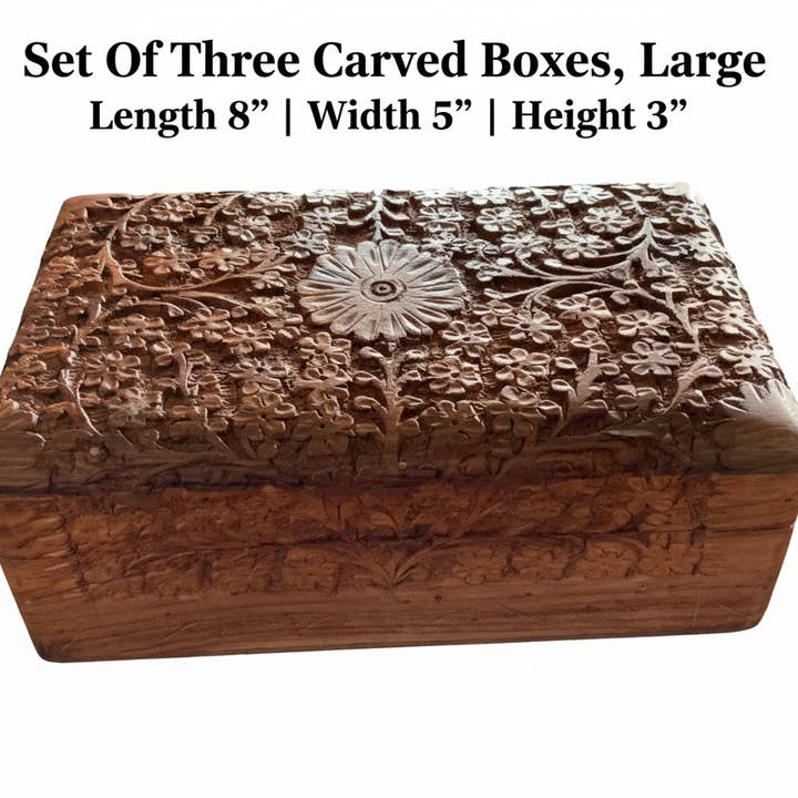 Set Of Three Wooden Carved Boxes for wholesale by FOREIGN BAZAAR