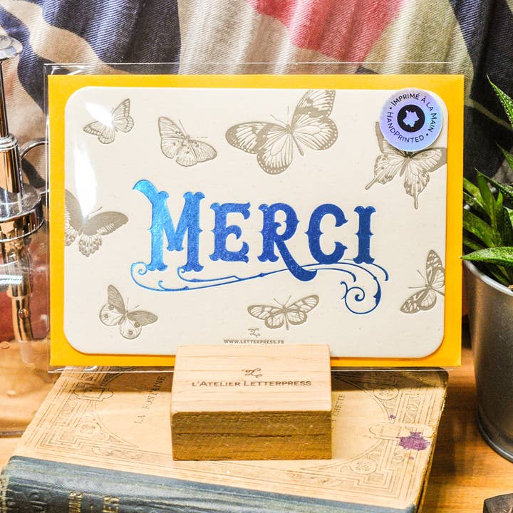 Letterpress Card Butterflies Thank You, blue (with envelope) for wholesale by L'Atelier Letterpress