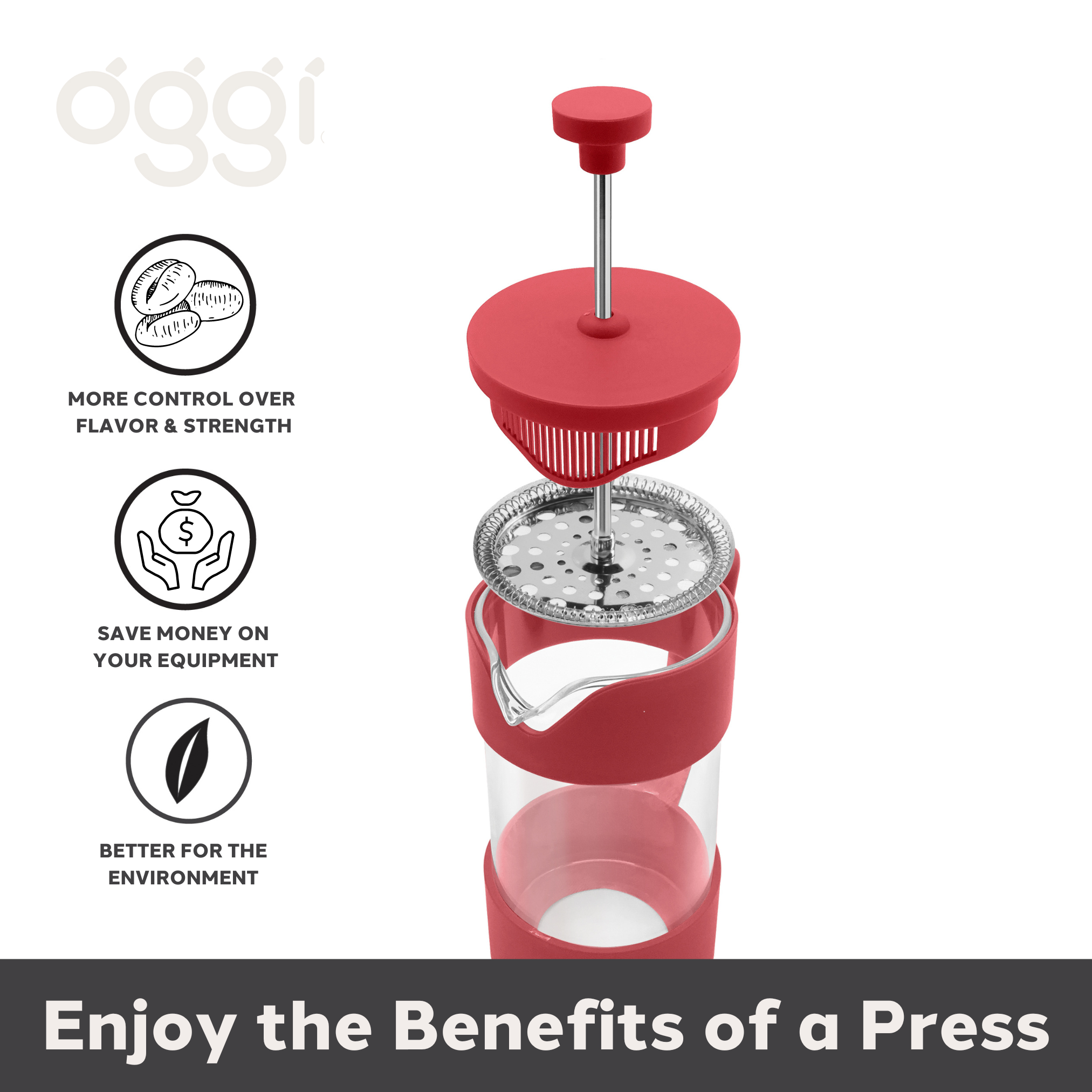 Oggi - Vendita all'ingrosso Caffettiere French press - Caffettiera a stantuffo 3 tazze (350 ml, 12 oz) Rossa5