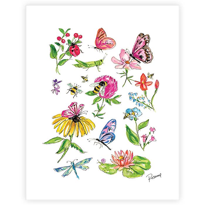 Impressão artística de borboletas e abelhas pintadas à mão com flores por atacado de RosanneBeck Collections