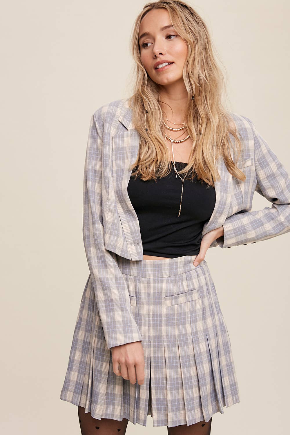 Listicle - Wholesale Top & Short Set (NOT Loungewear) - Women's - Plaid Cropped Blazer & Pleated Skort Set LSET1253