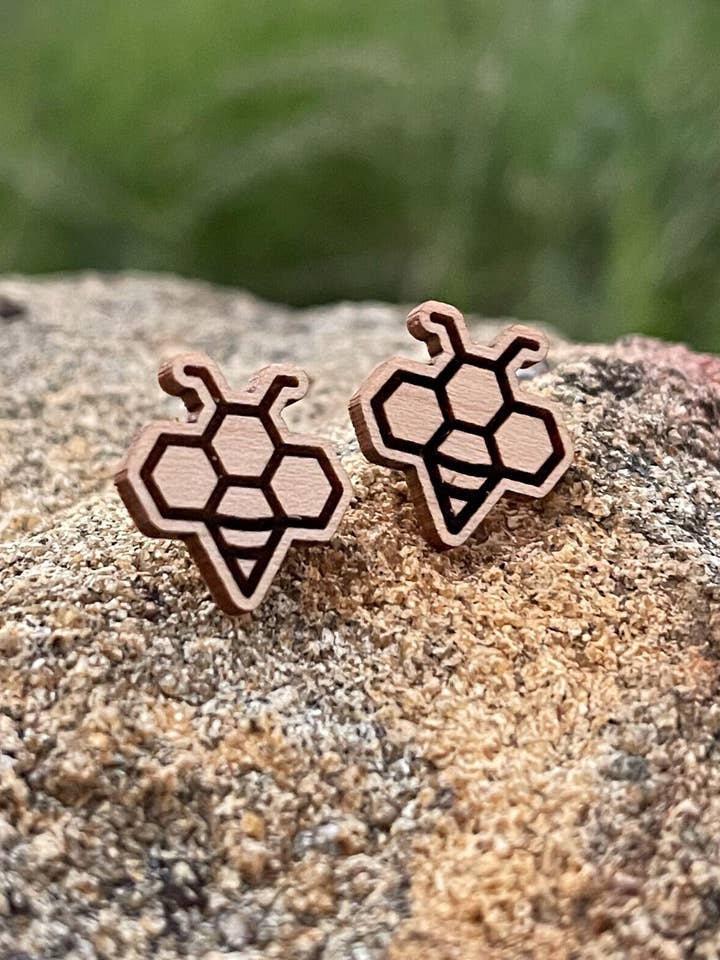 Queen Bee Stud Earrings, Bumblebee Wood Stud Earrings, Boho Bee Stud Earrings, Honey Bee Stud Earrings, Beehive Stud Earrings, Bee Studs for wholesale by Charlie James Artisan Boutique