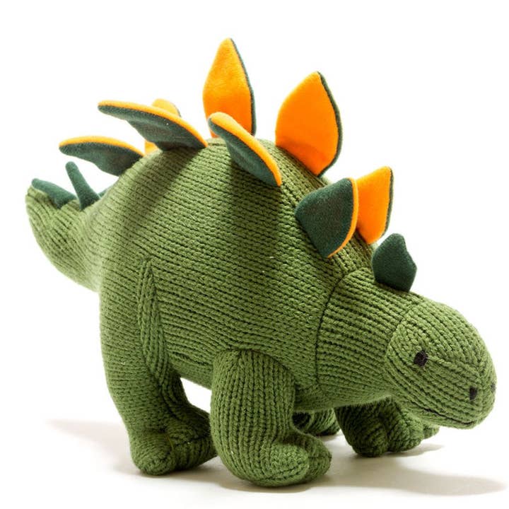 Gestrickter Stegosaurus Dinosaurier Plüschspielzeug Moosgrün und Orange für den Großhandel von Best Years Ltd