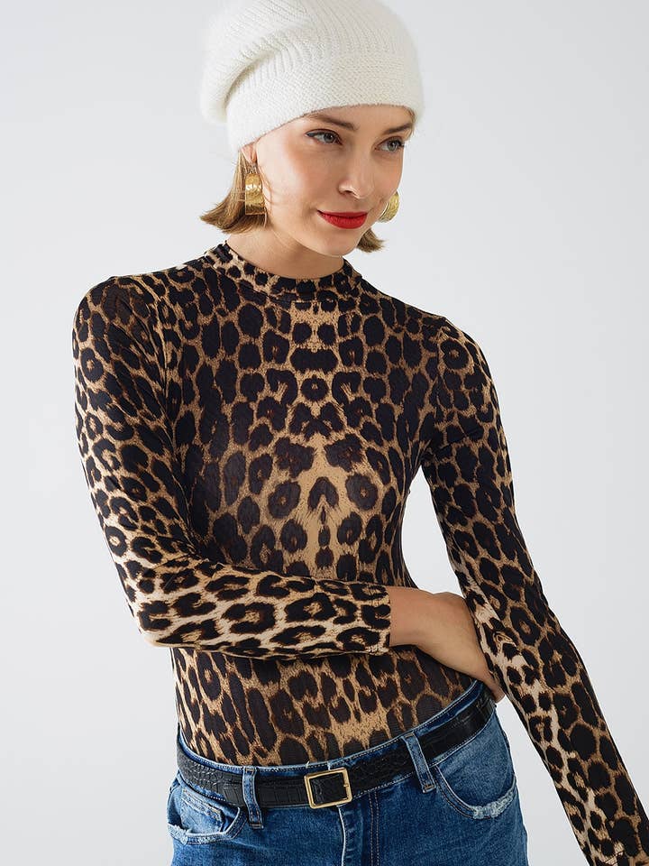 Brown Leopard print Spandex body with long sleeve for wholesale on Faire