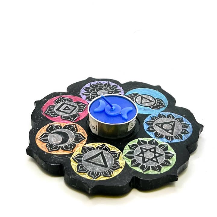 Soapstone Candle holder 7 Chakra (5") for wholesale by Vrinda