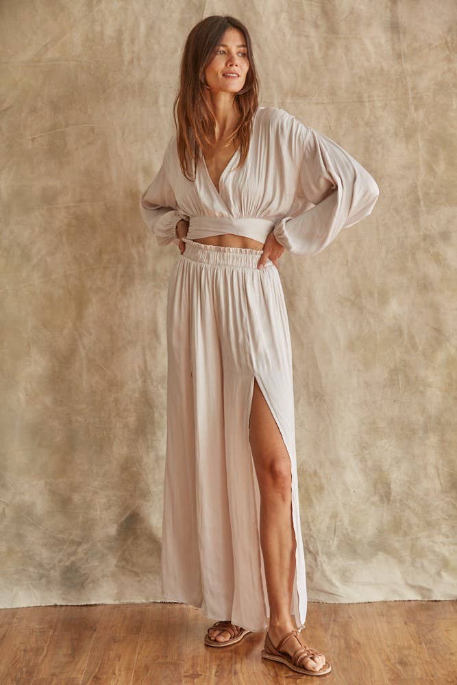 By Together - Wholesale Broek - Dames - L5507 | Geweven Satijnen Hooggetailleerde Broek Met Voorsplit3