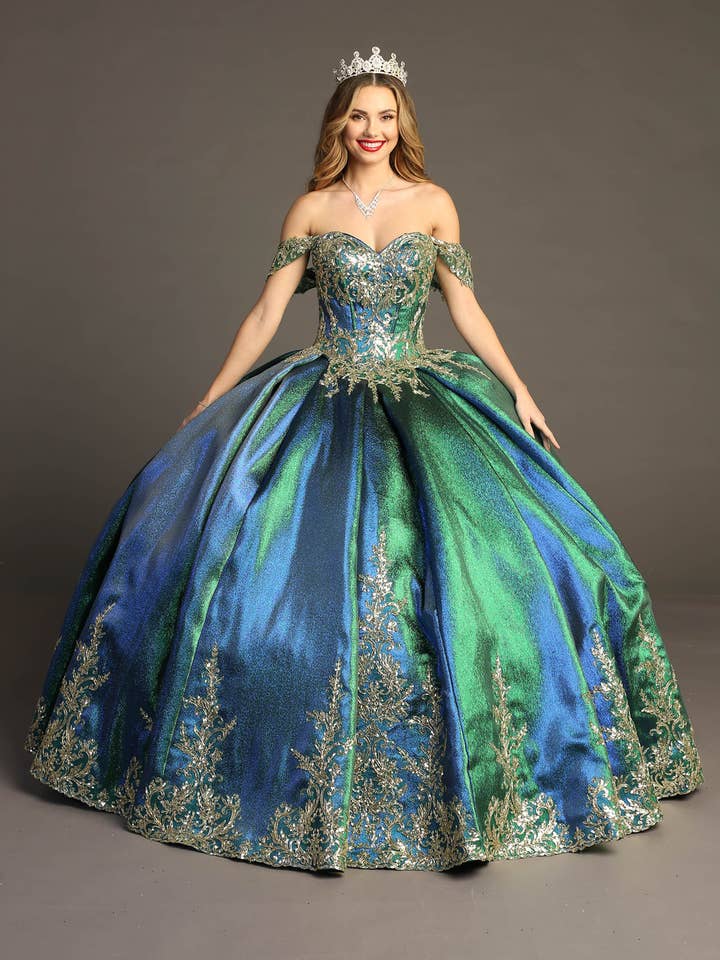 Off Shoulder Metallic Quince Dress with Gold CHF3015 for wholesale by Chicas