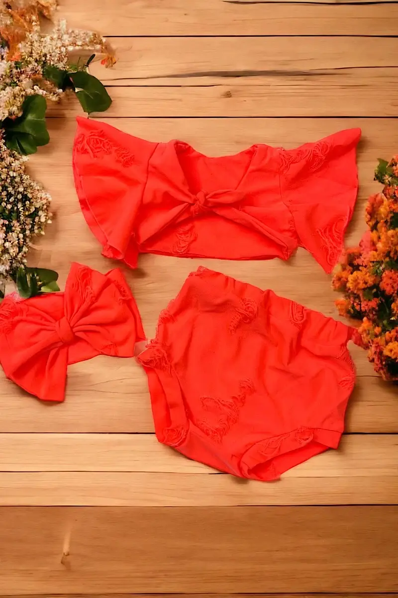 Kids Charm Online - Wholesale Top & Short Set - Kids - NEON ORANGE OPEN BACK BLOOMERS SET. T-DLH2307KSOL1