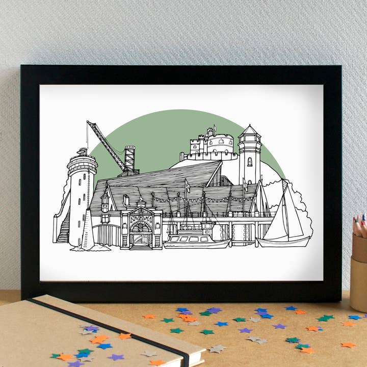 Impression artistique sur les monuments de Falmouth Skyline, sans cadre pour la vente par Becka Griffin Illustration