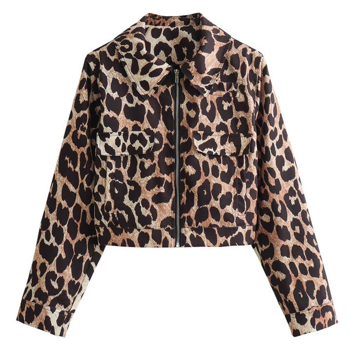 LEOPARD PRINT LAPEL LONG SLEEVE SHORT JACKET for wholesale by Lily Clothing