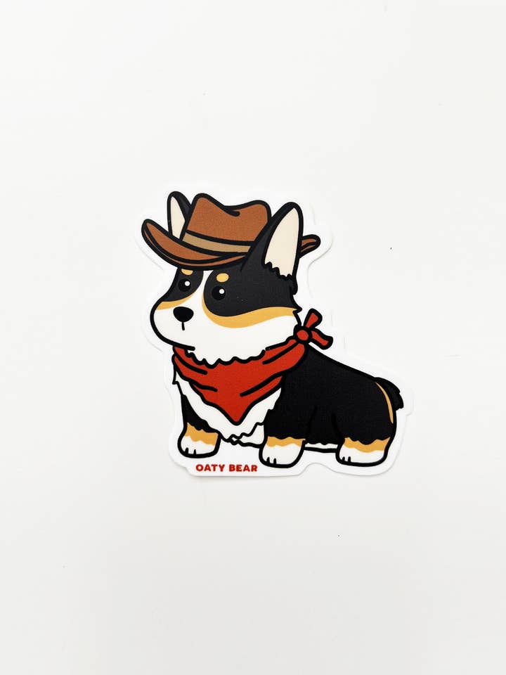 Corgi Cowboy Tricolor Vinyl Klistermærke for engroshandel hos Oaty Bear: Cute Accessories for Cute Dogs
