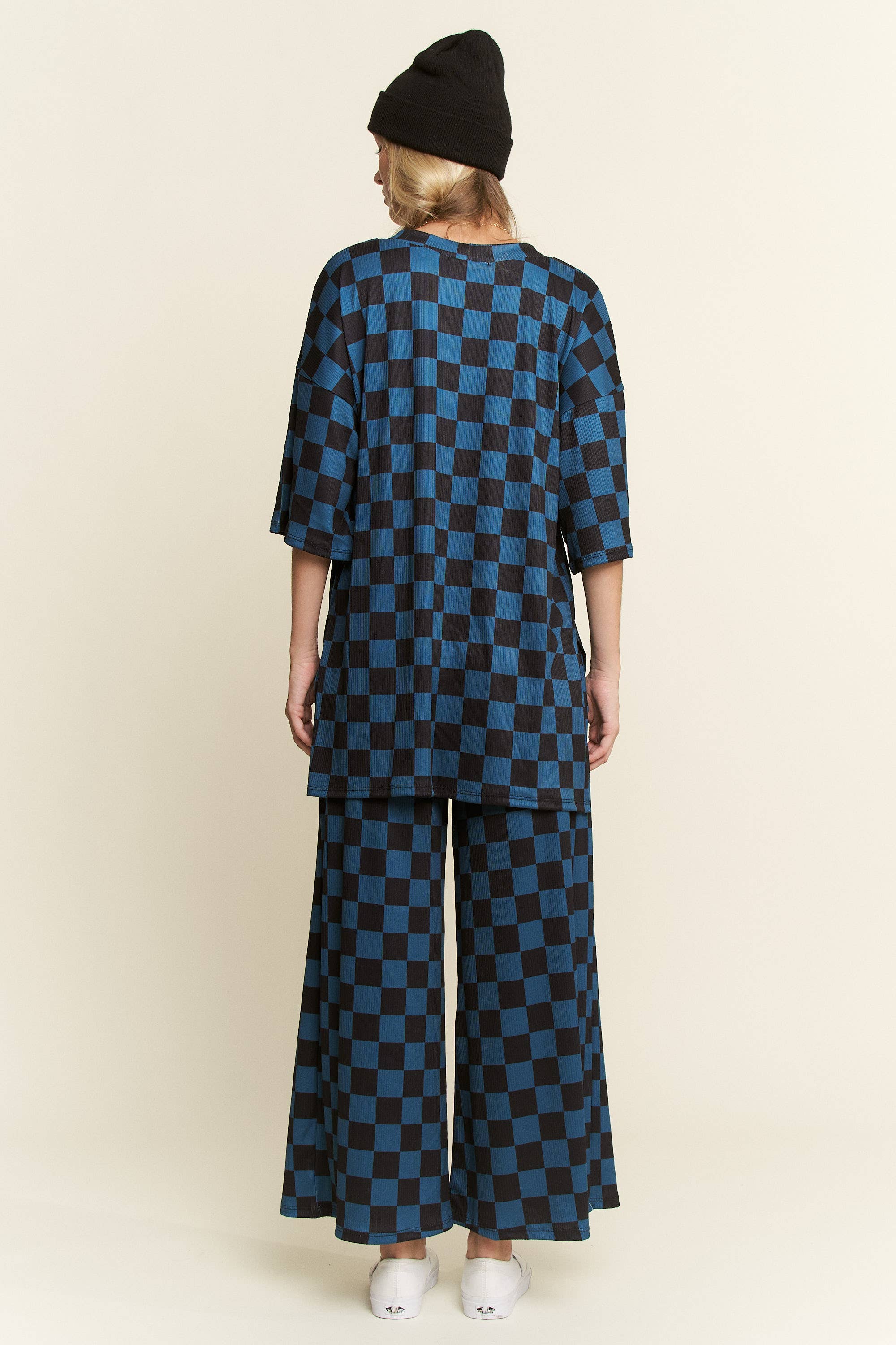 JADE BY JANE - Wholesale Lounge Set - Women's - RIBBED CHECKERED PRINT TOP/STRAIGHT LEG PANTS SET33