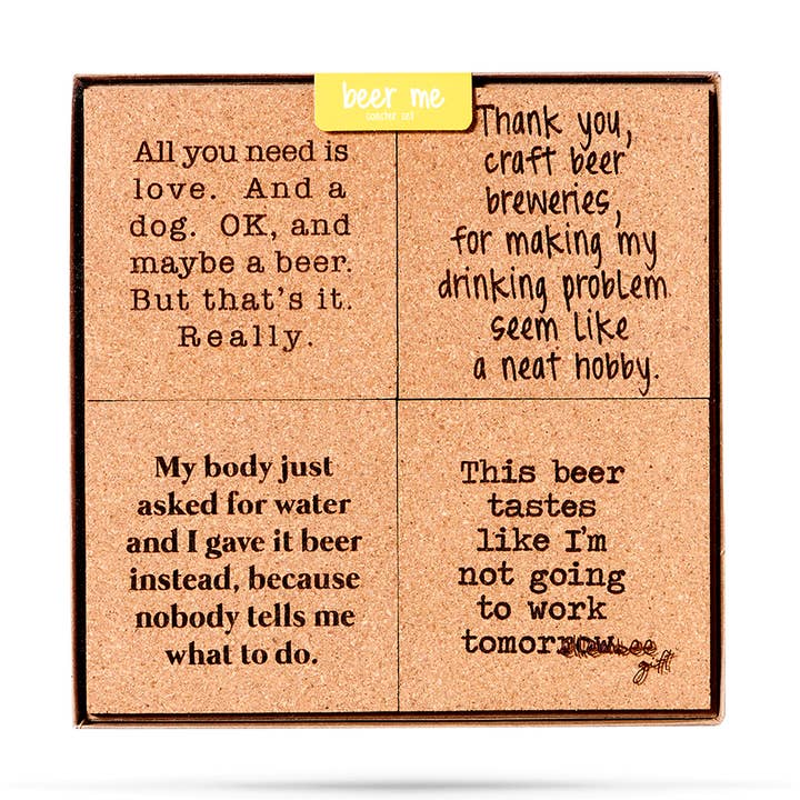 ellembee gift - Wholesale Coasters - Beer Me | 4 Piece Cork Laser Etched Coaster Gift Box Set0