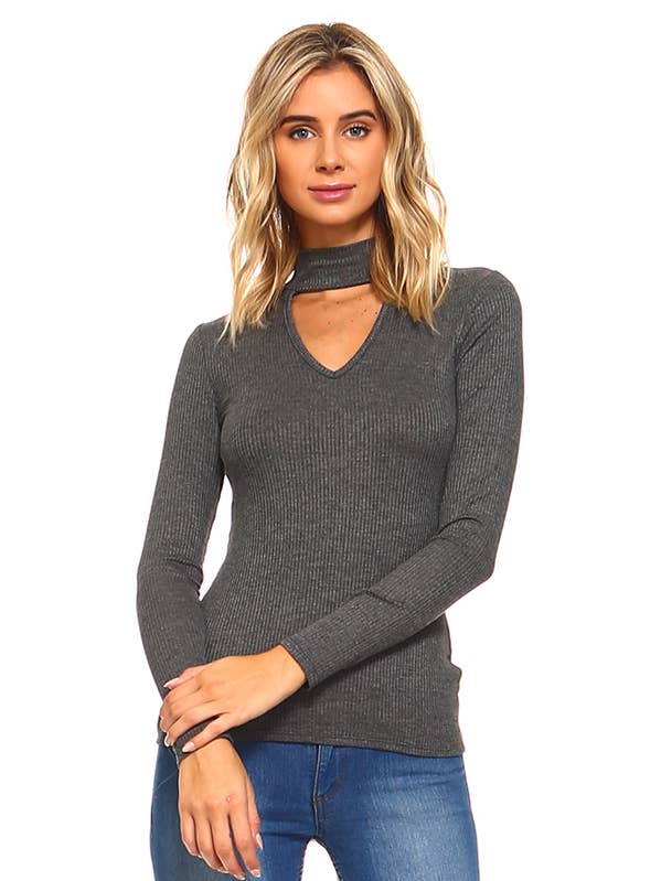 Mjuk ribbstickad topp med choker urringning - träkol Grå för wholesale av Urban X Apparel
