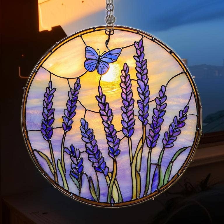 TMLECOM LTD – wholesale Ornament – Lavender Butterfly Suncatcher, Faux Stained Glass Hanging3
