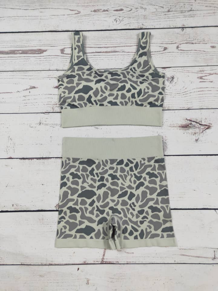 Grey Camouflage Printed Seamless Bra Shorts Active Set for wholesale by sassy kids palace