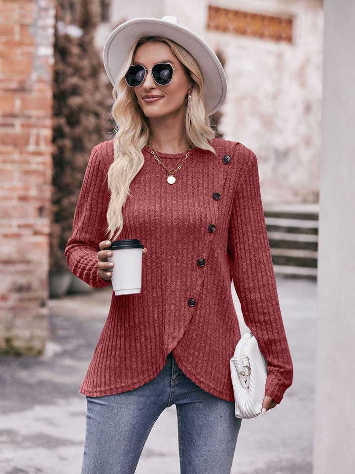 Lovesoft - Wholesale Knit Top - Women's - Round Neck Pit Strip Polished Tulip Hem Solid Color Button T-shirt3