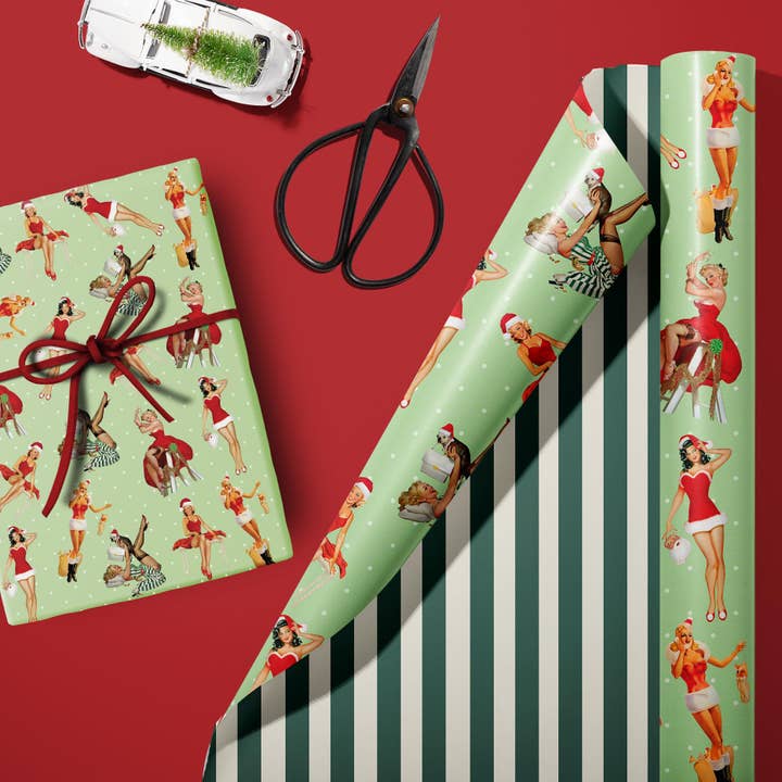 Mod Lounge Paper Company - Wholesale Flat Wrap - Holiday Vintage Pinup Double Sided Christmas Gift Wrap Sheet