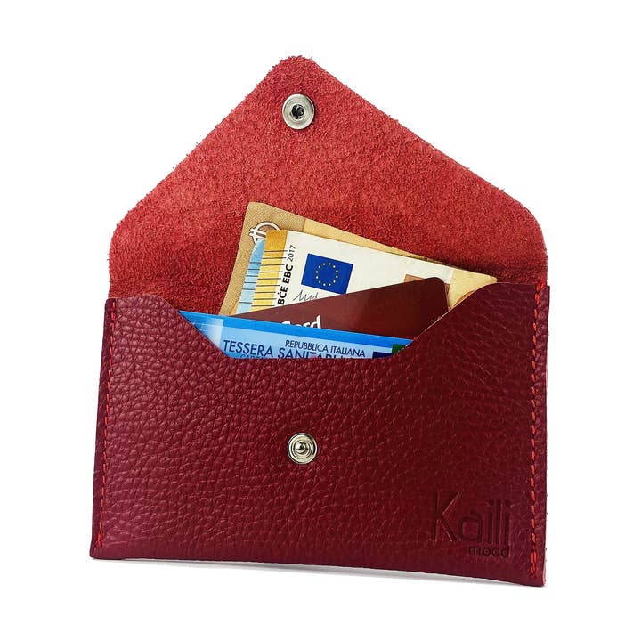 K0040VB | Made in Italy full grain genuine leather pouch with flap, dollar grain - Color Red - Dimensions: cm 13 x 8 x 0.5 - Packaging: Hard gift box bottom/lid for wholesale by Kaili mood / RENATO BORZATTA - Italy since 1978 -