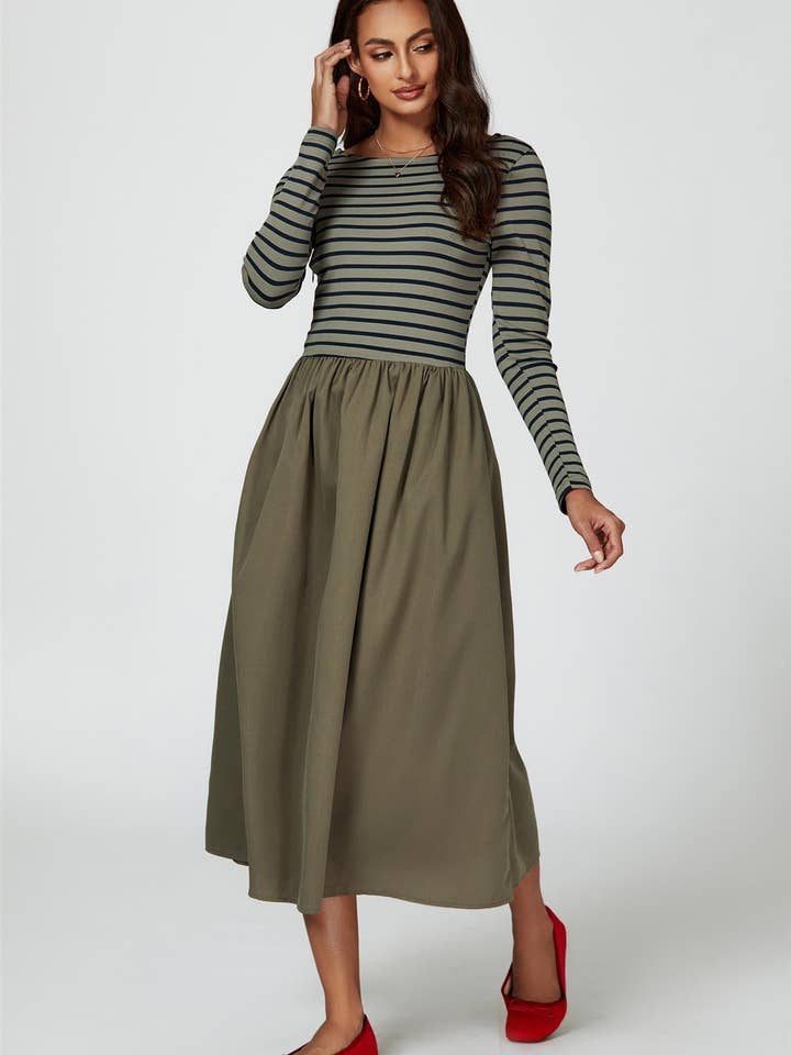 Long Sleeve Stripe Midi Dress In Olive for wholesale on Faire2