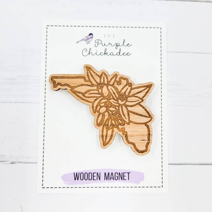 Ímã de madeira gravado flor de laranjeira por atacado de The Purple Chickadee