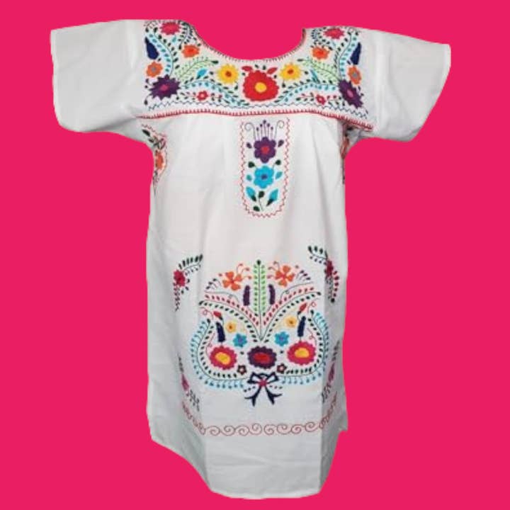 Mexikansk handbroderad traditionell Pueblo-klänning i bomullsblandning, vit för wholesale av Puerta21