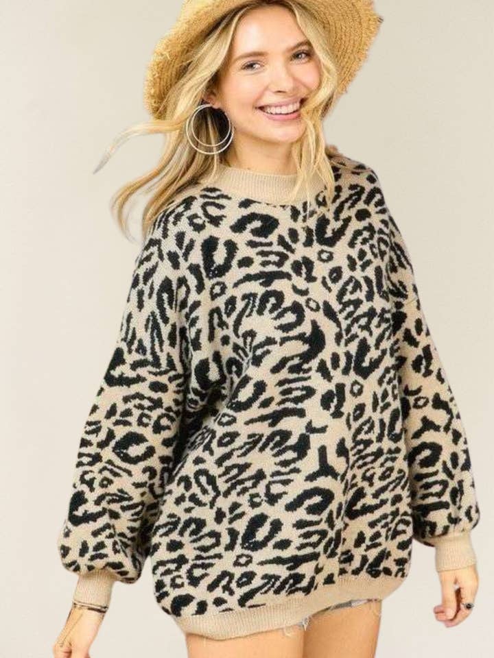 LYN1004-ROUND NECK LEOPARD KNIT TOP for wholesale by Madelyn
