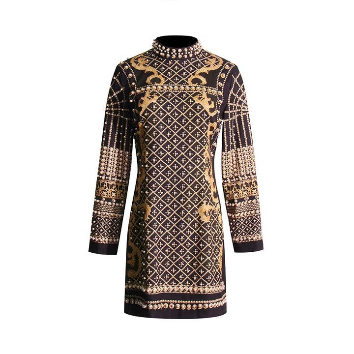 DR022 Abito da donna con colletto alla coreana, maniche lunghe, stampato con perline per la vendita all'ingrosso da parte di Productseeker
