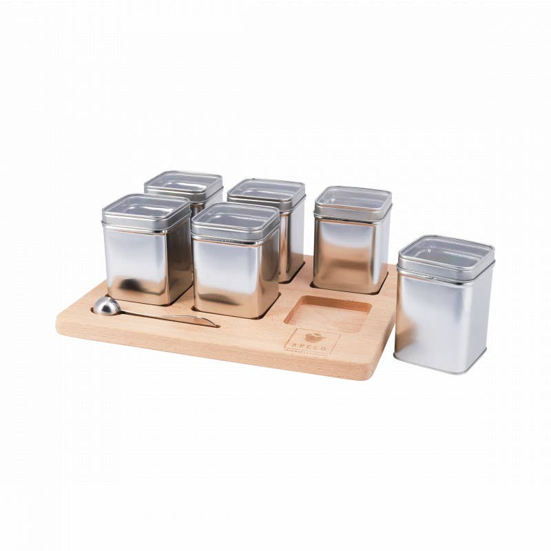 ARELO - Wholesale Tea Set - Tea board with 6 window tins and stainless steel measuring spoon