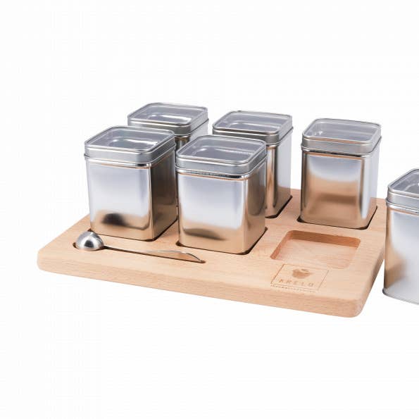 Vassoio da tè con 6 barattoli con finestrella e misurino in acciaio inox per la vendita all'ingrosso da parte di ARELO
