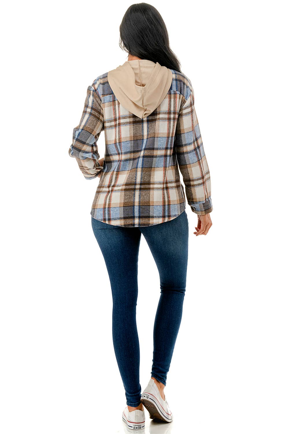 Color 5 - Vente Veste-chemise – femme - Veste en flanelle à carreaux bleu-blanc avec capuche et poches9