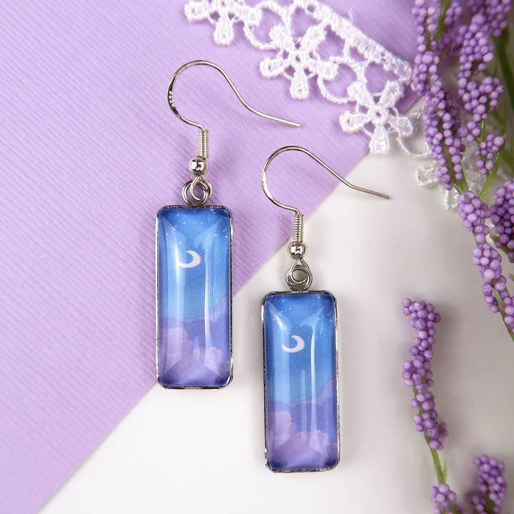 Night Sky with Purple Clouds Glass Pendant Earrings for wholesale by Loretta Belle Art