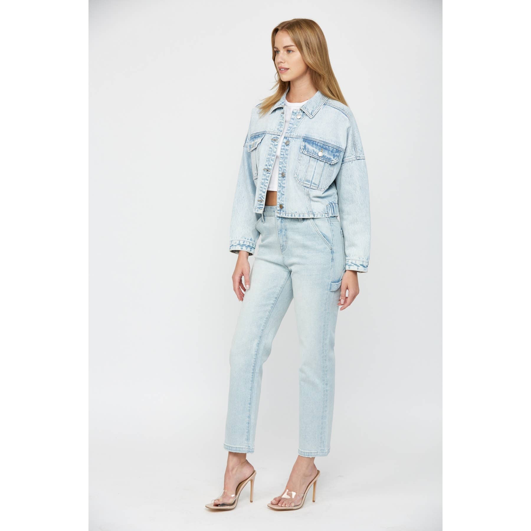 PREHNITE CROPPED DENIM JACKET W ELASTIC BAND for wholesale on Faire4