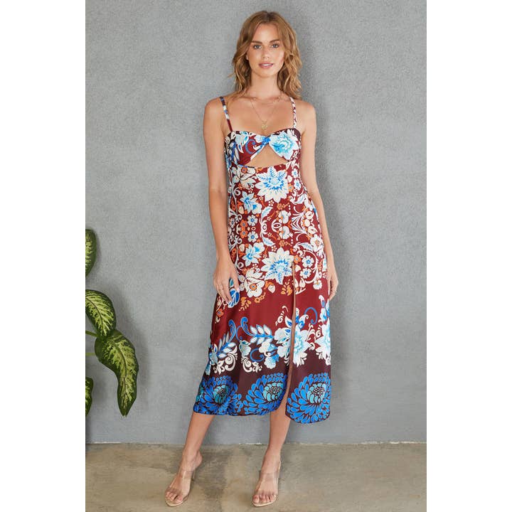 FLORAL PRINT CUT OUT SATIN MIDI DRESS (70122-FLORAL) for wholesale by VENTI6