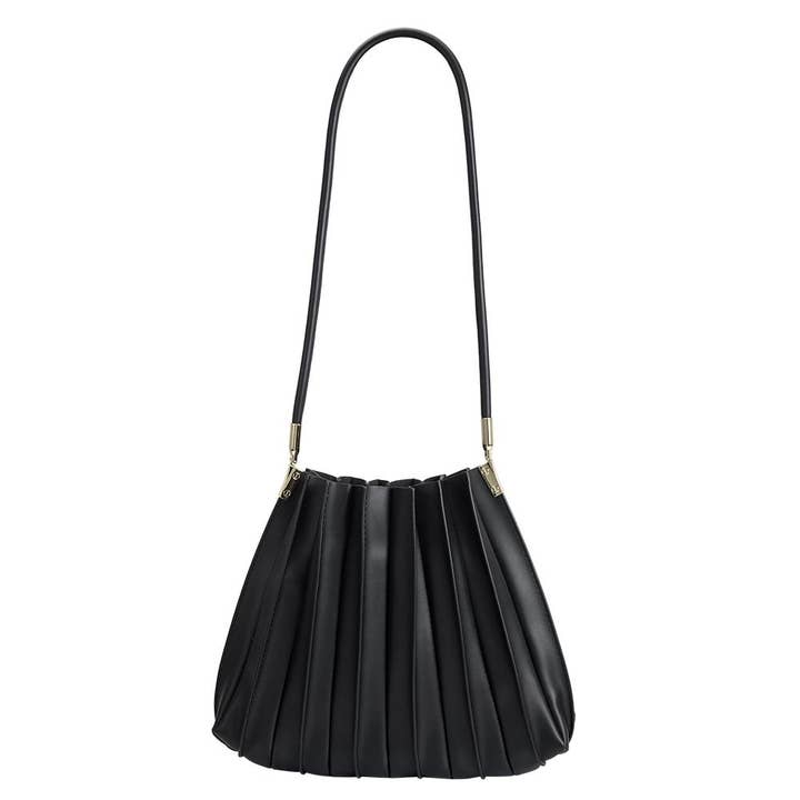 Melie Bianco - Wholesale Shoulder Bag - Women's - Carrie Black Pleated Vegan Shoulder Bag