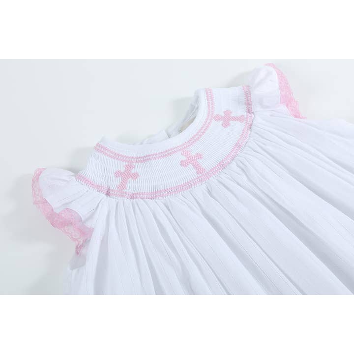 Lil Cactus - Wholesale Dress - Kids - White and Pink Cross Smocked Bishop Dress5