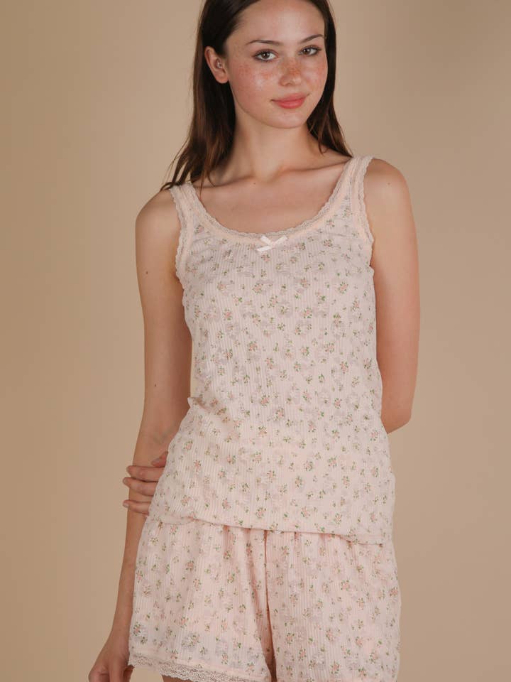 NT12294SET-Blumendruck-Spitzenbesatz-Strickoberteil & Shorts-Set für den Großhandel von VERY J