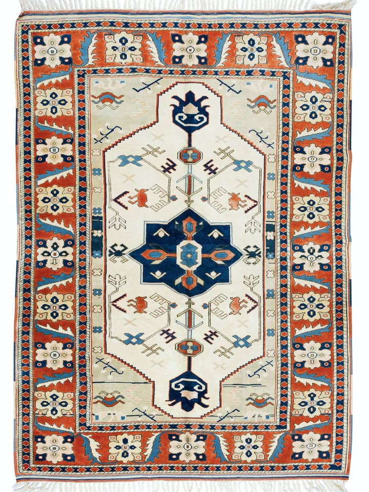 Tappeto geometrico turco fatto a mano da 5,4 x 7,5 piedi. 100% lana per la vendita all'ingrosso da parte di Rug Specialist LLC.