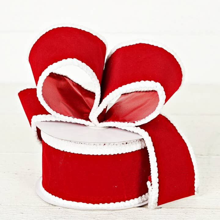 57R0920 - 2.5inWx10Yard Wired Ribbon-Flock Red/Snowy Wire/Re for wholesale by Holiday Depot Inc.