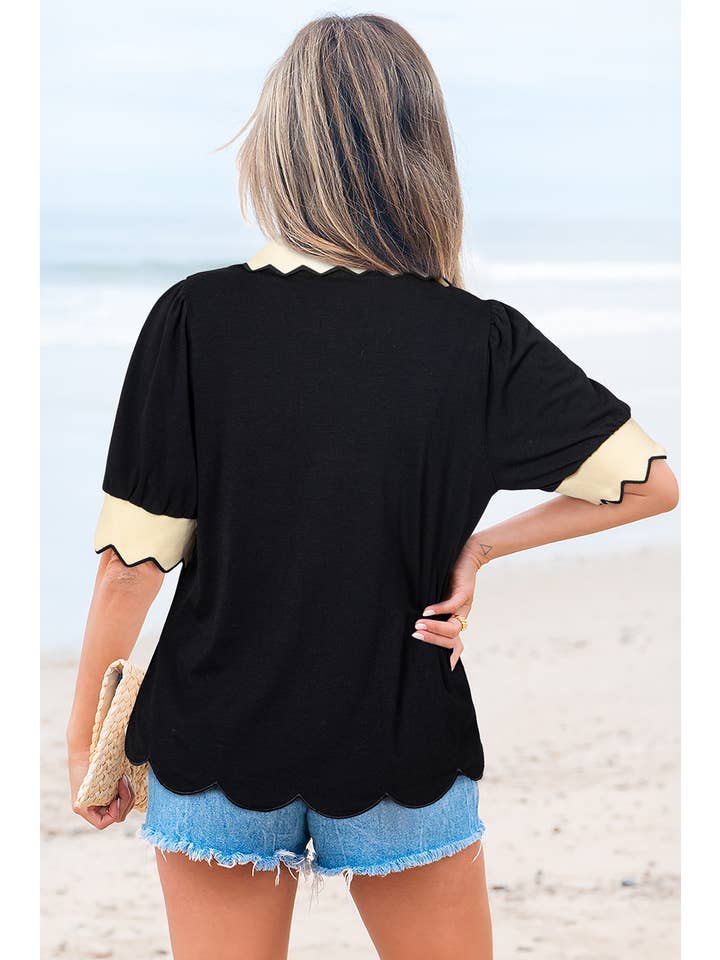 Comme indiqué Blouse à col en V contrasté avec manches bouffantes | S-XL en vente sur Faire