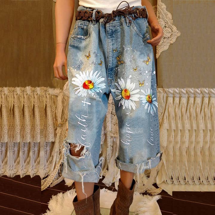 Butterfly Flower Ripped Print Wide Leg Jeans for wholesale by Tourtiwi