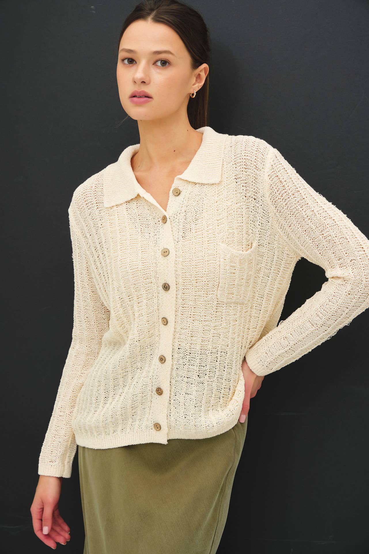 Be Cool - Wholesale Cardigan - Women's - BREEZY TEXTURED KNIT BUTTON UP COLLARED CARDIGAN 0