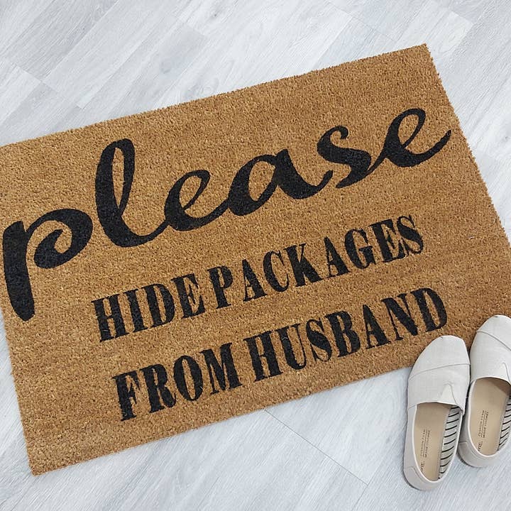 Please Hide Packages From Husband - Doormat for wholesale by Crafty Crystal