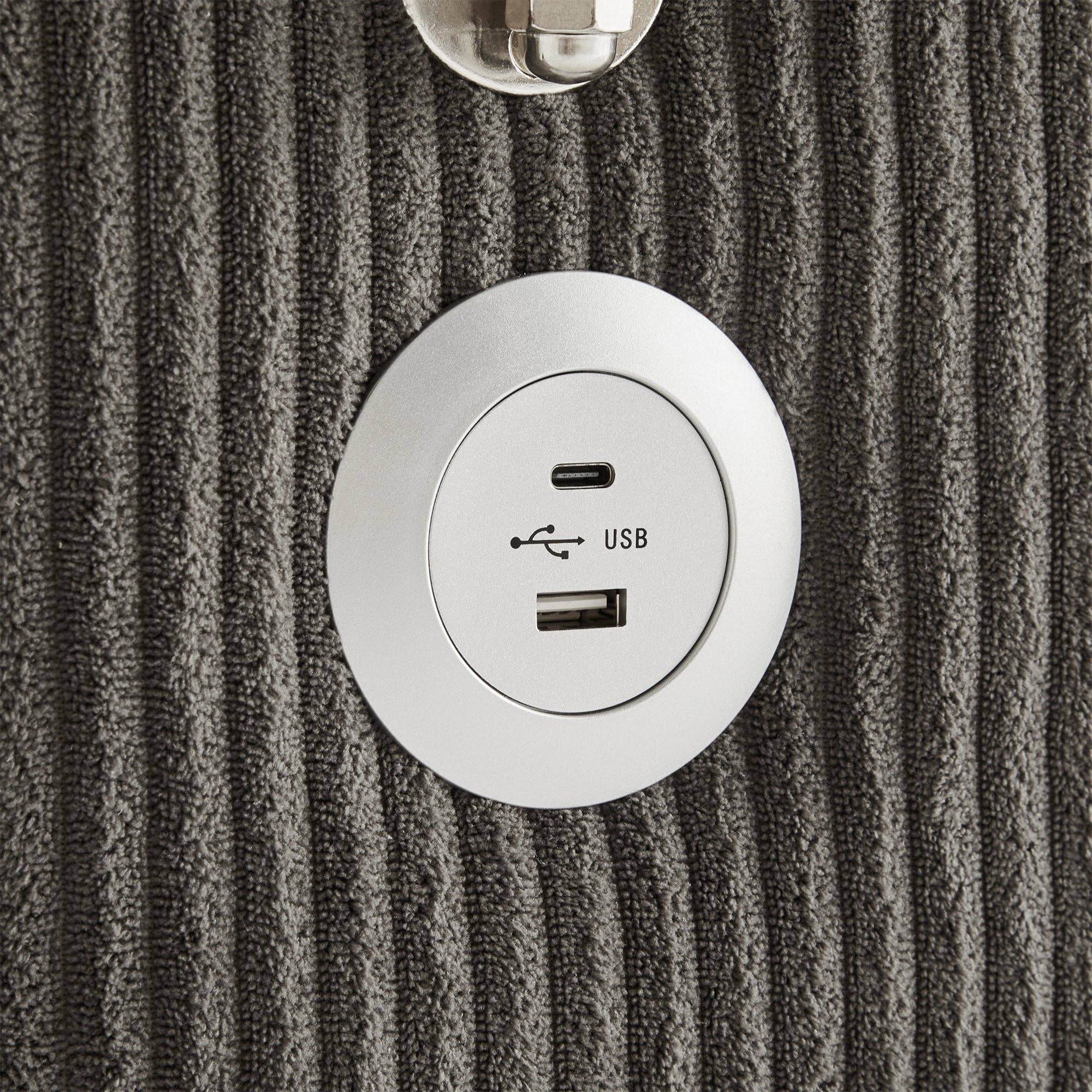 Urban Meuble - Wholesale Bank - Modulaire hoekbank in grijze ribfluweel, 3-4 zitplaatsen met afneembare poef, USB-poorten en bekerhouders GEYSERFOUNT16