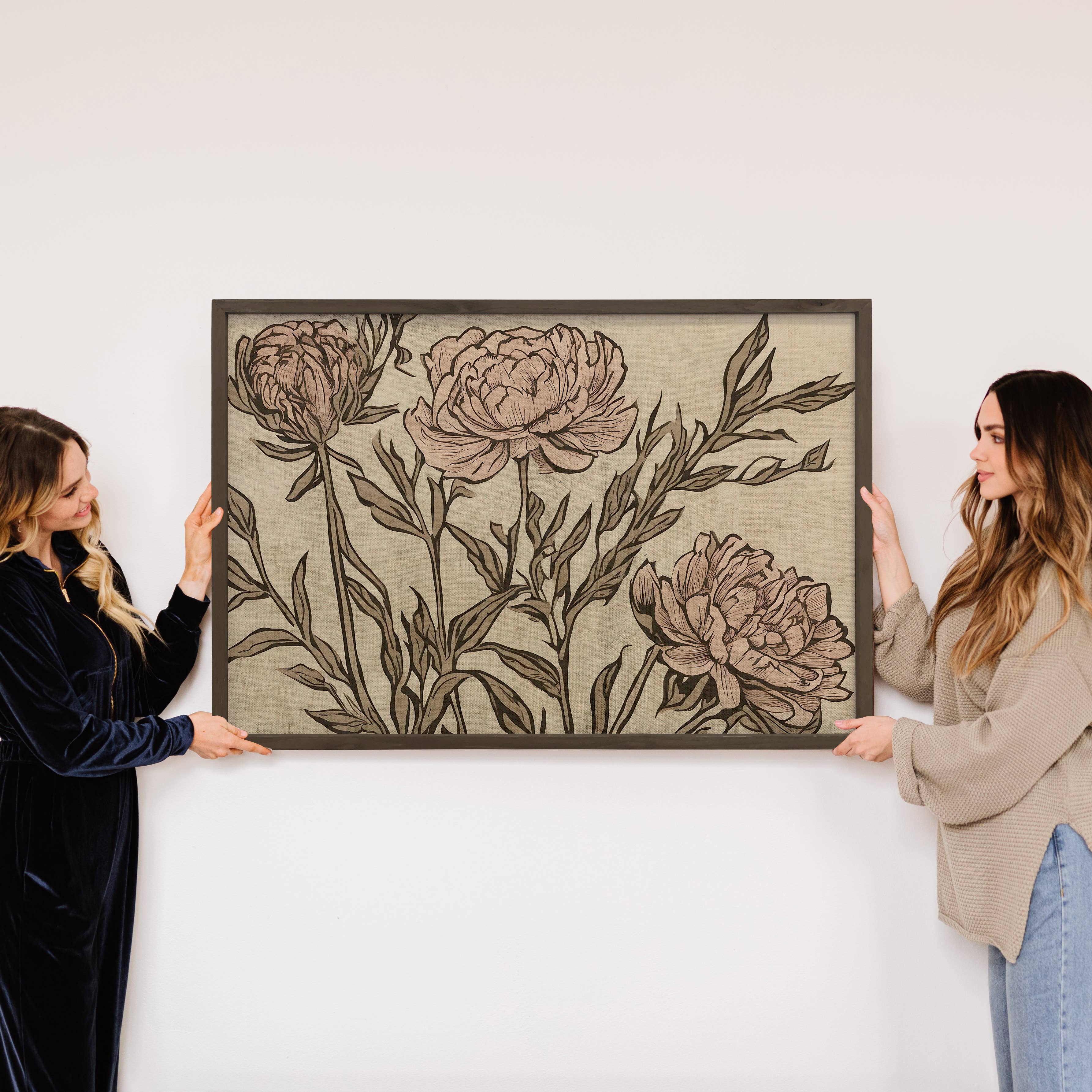 Hangout Home - Wholesale Art Print - Peony Linocut - Floral Canvas Art - Wood Framed Farmhouse2
